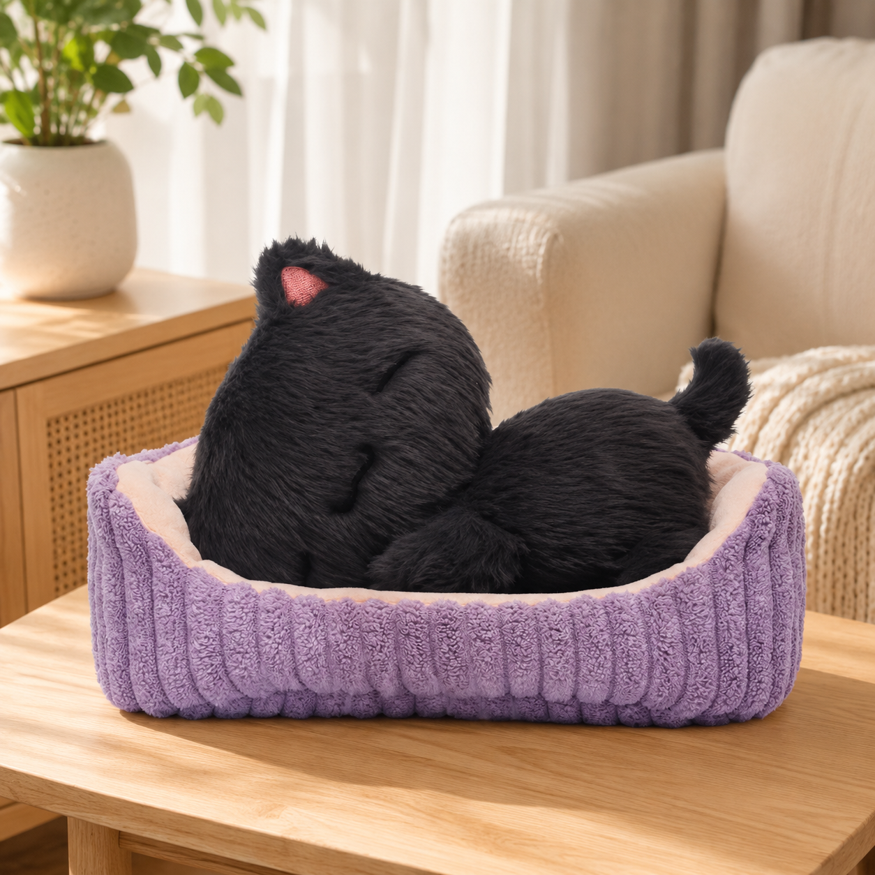Sleeping Black Cat With Purple Bed Plush