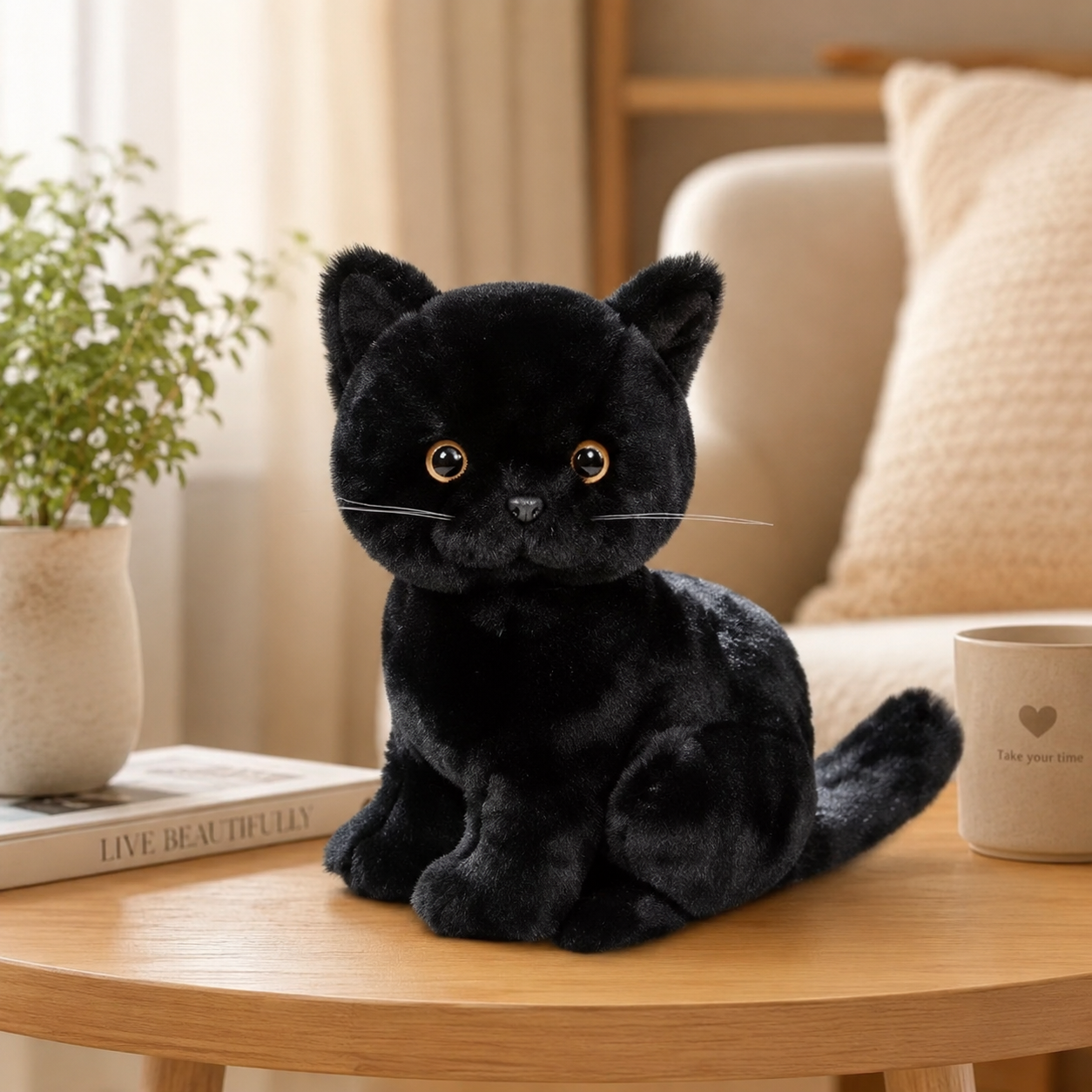 Lifelike Fluffy Black Cat Plush
