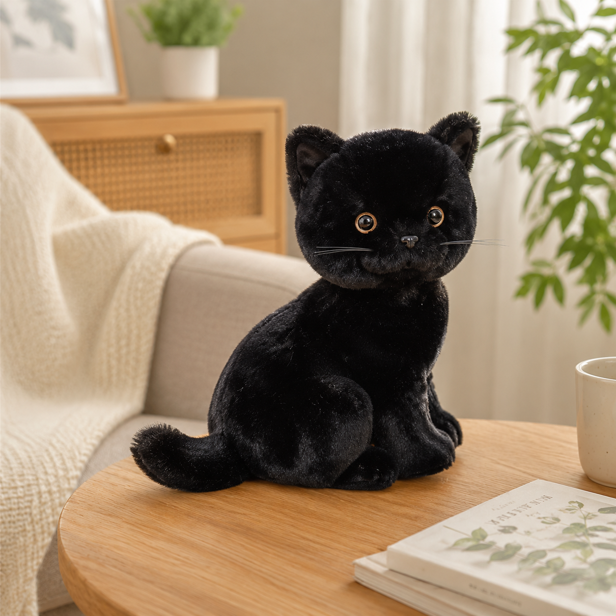 Lifelike Fluffy Black Cat Plush
