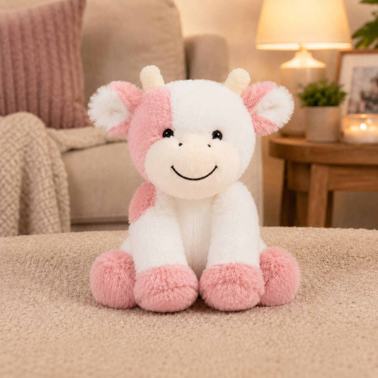 Fluffy Pink Happy Cow Plush