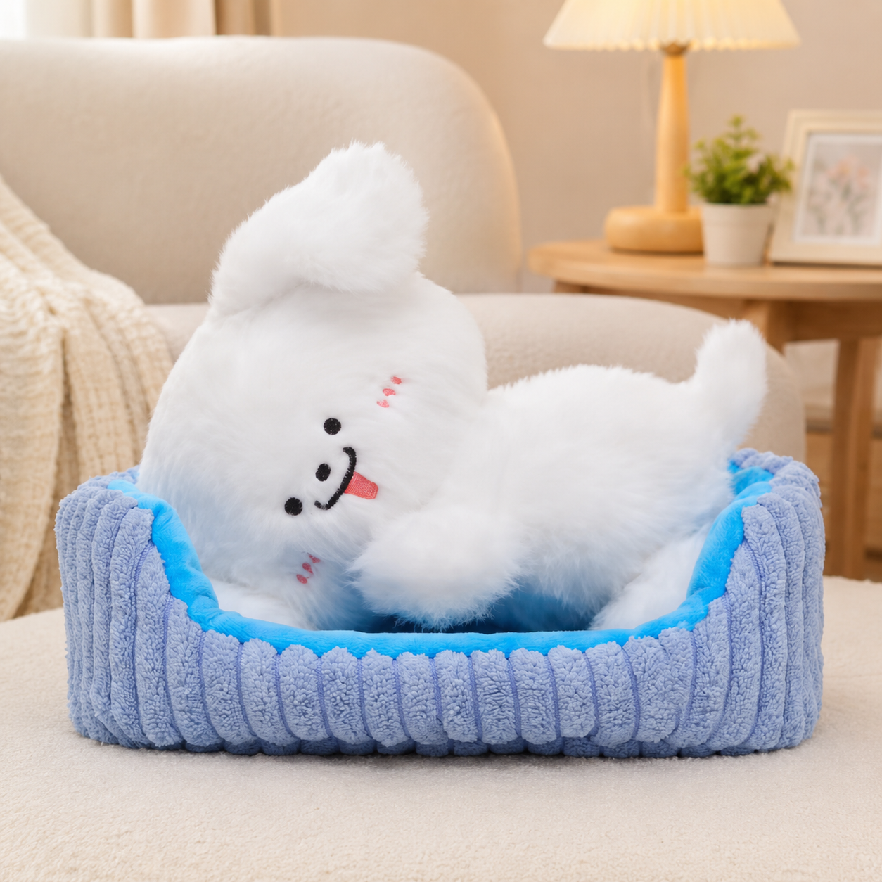 Sleeping Dog With Blue Bed Plush