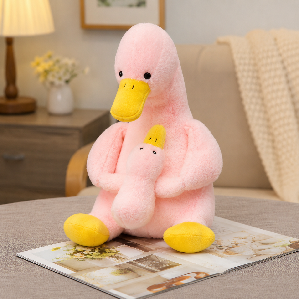 Fuzzy Mother & Son Pink Duck Plush