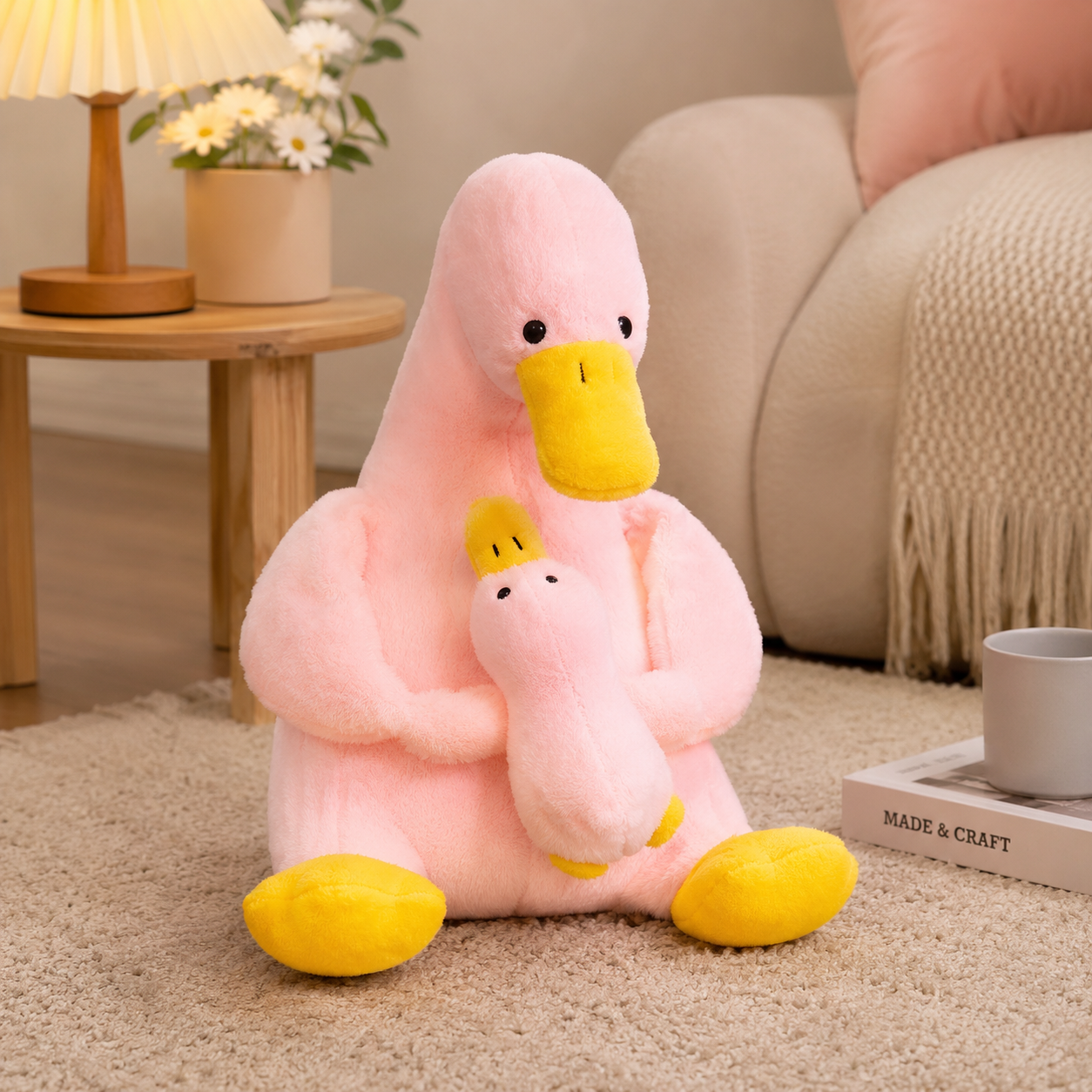 Fuzzy Mother & Son Pink Duck Plush