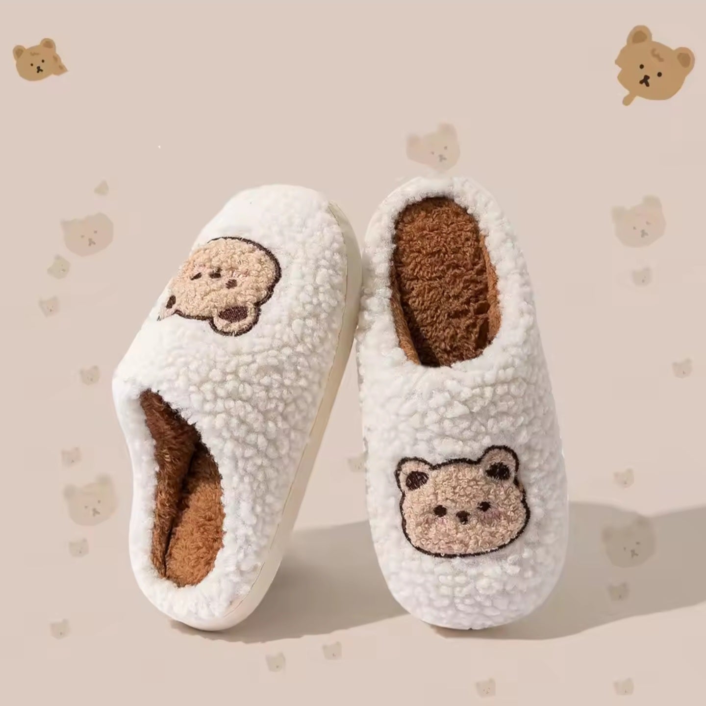 White Fuzzy Bear Slippers