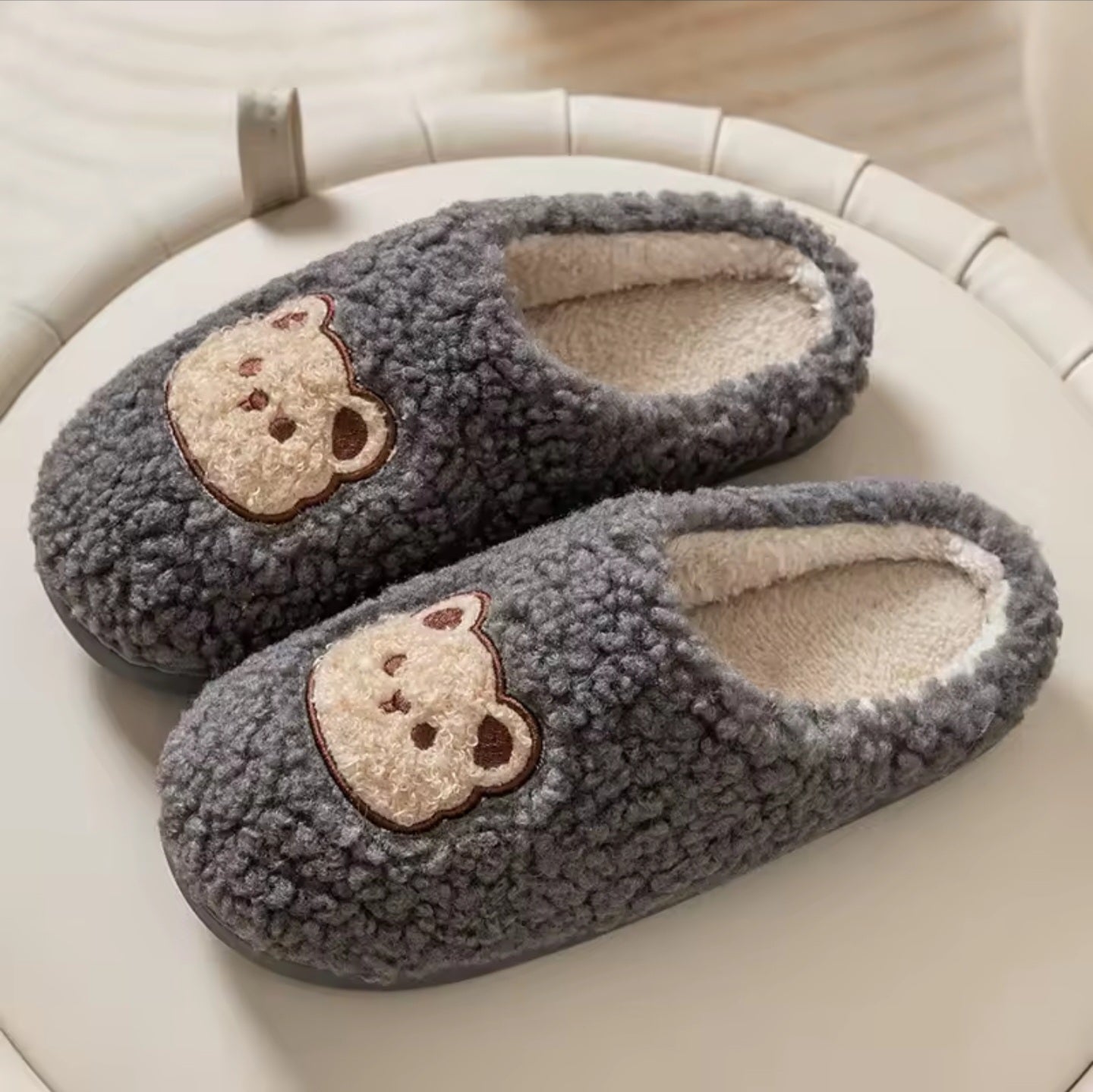 Grey Fuzzy Bear Slippers
