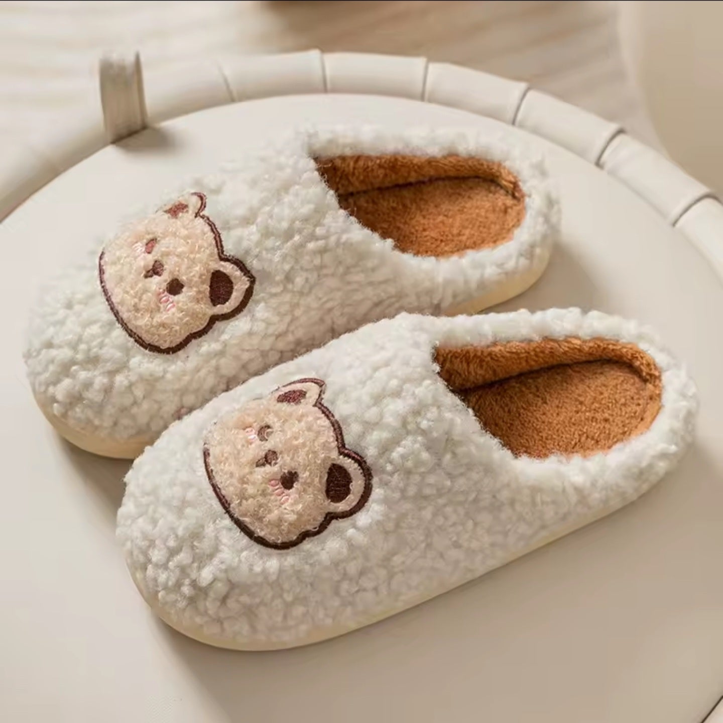 White Fuzzy Bear Slippers