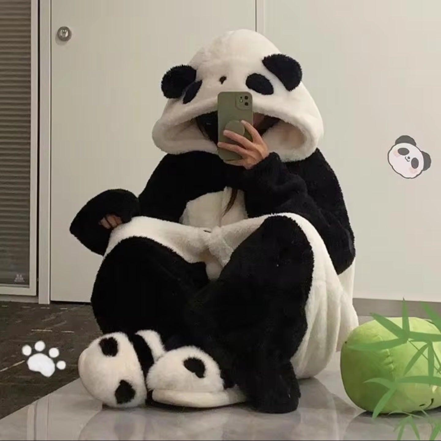 Fluffy Panda Hoodie Jumpsuit & Panda Slippers