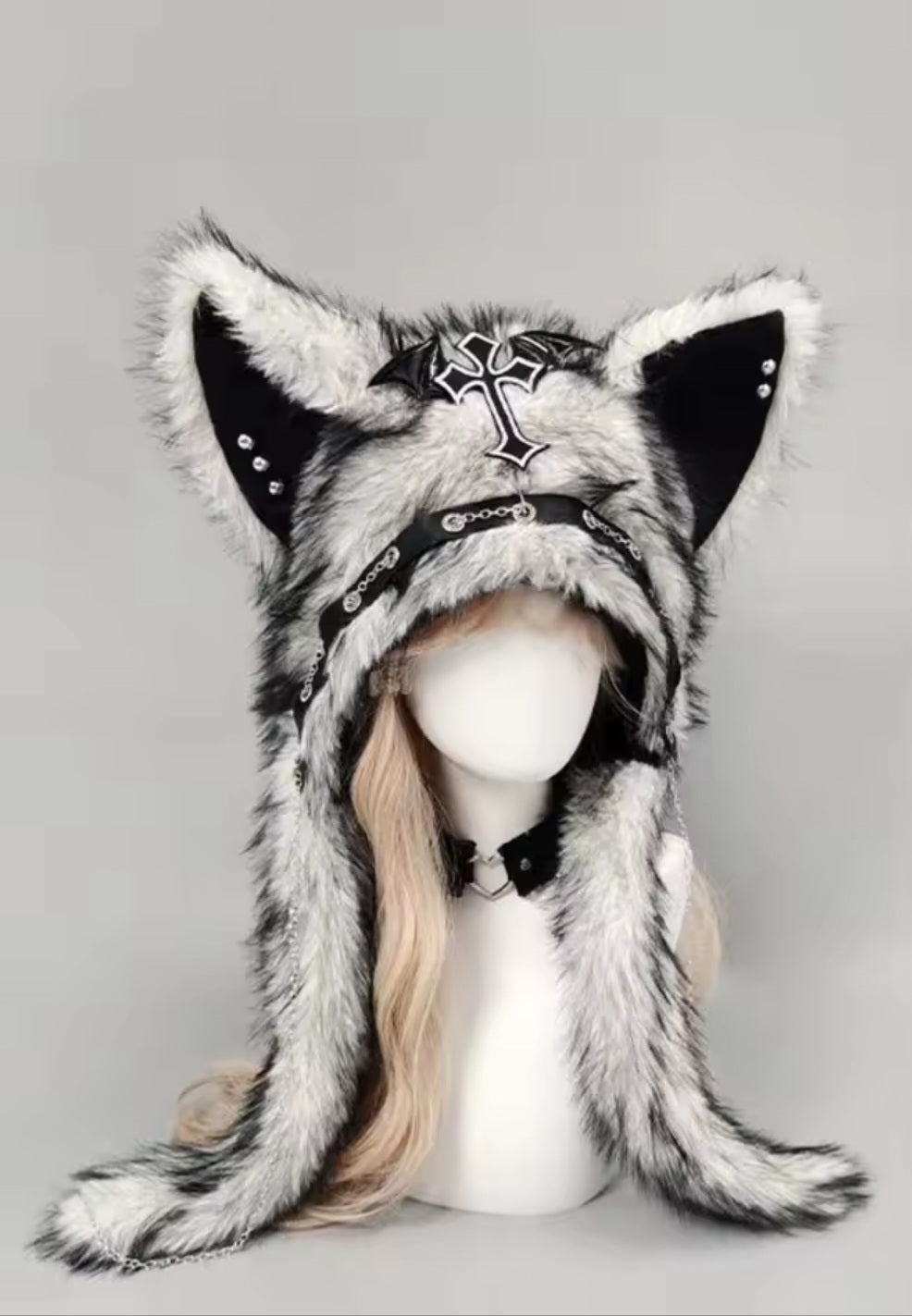 White & Black Fluffy Goth Cat Ears Hat