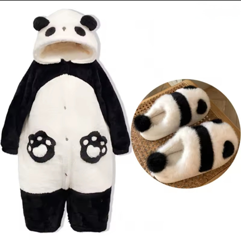 Fluffy Panda Hoodie Jumpsuit & Panda Slippers