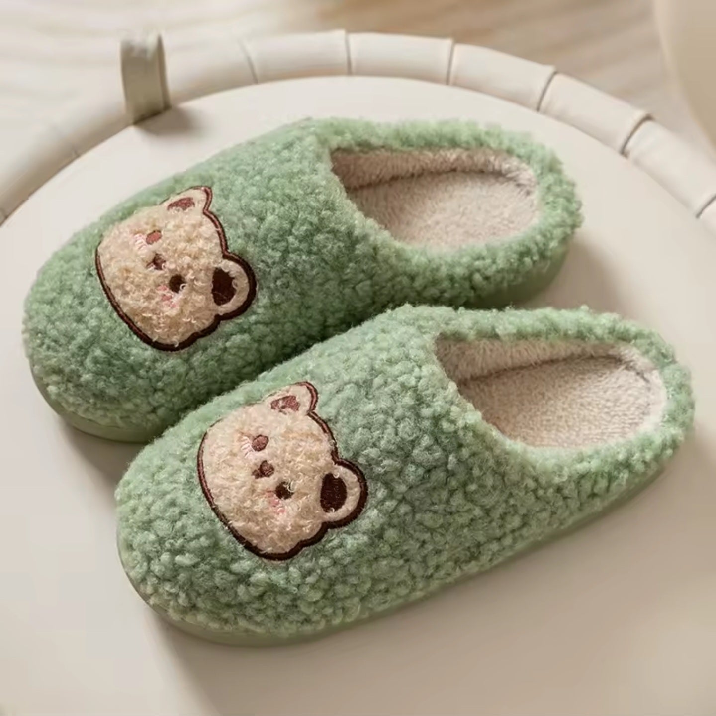 Green Fuzzy Bear Slippers