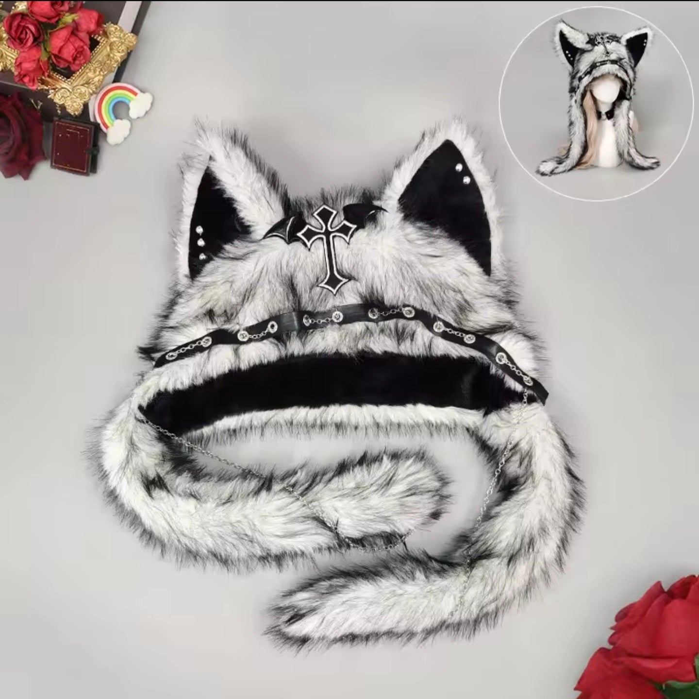 White & Black Fluffy Goth Cat Ears Hat