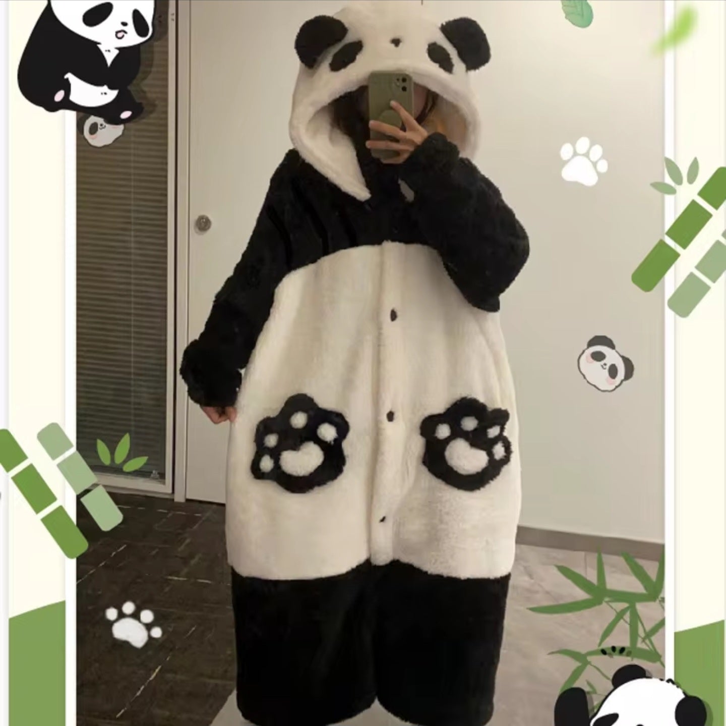 Fluffy Panda Hoodie Jumpsuit & Panda Slippers