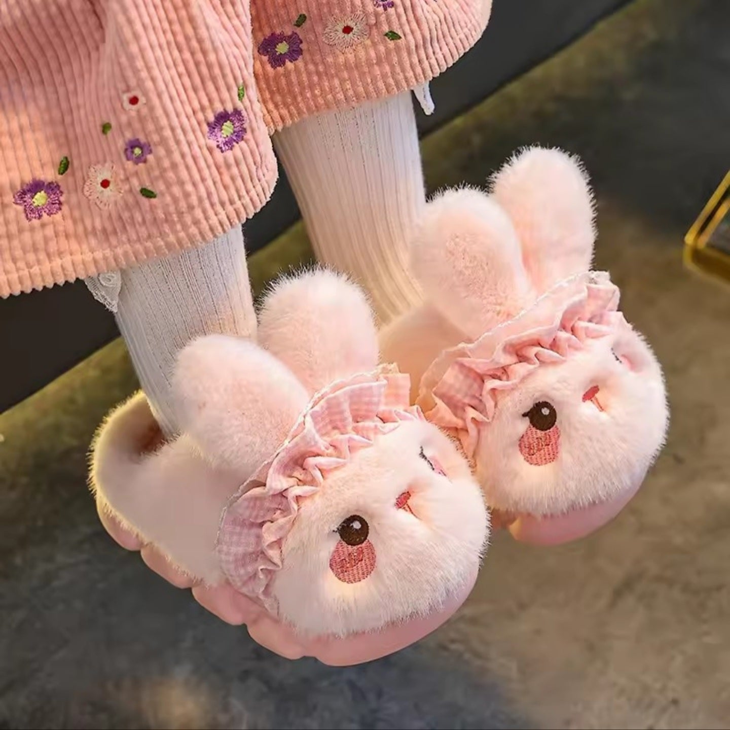 Pink Fluffy Rabbit Slippers