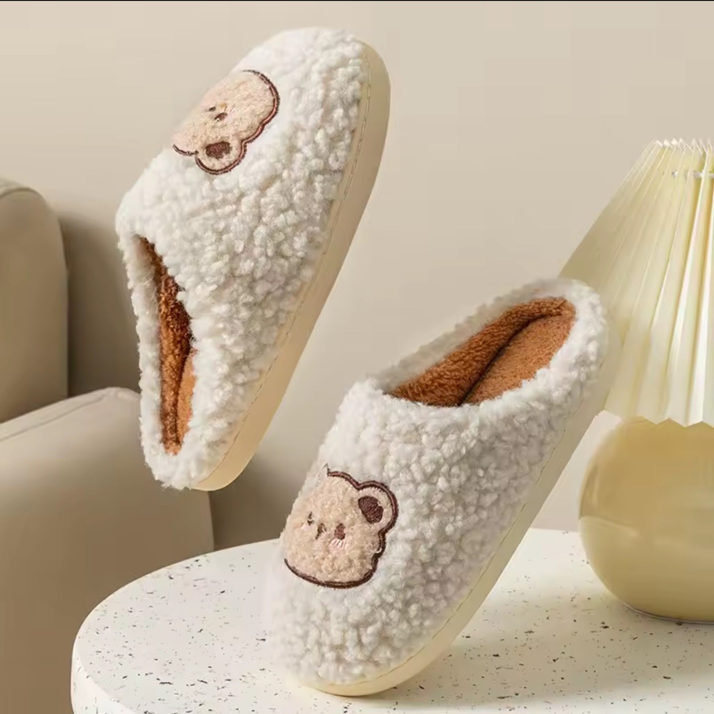White Fuzzy Bear Slippers
