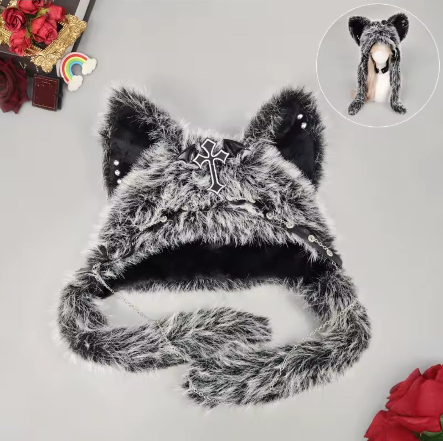Black & White Fluffy Goth Cat Ears Hat